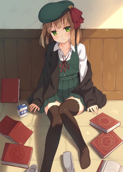 Anime picture 1000x1399 with original kinta (distortion) single tall image looking at viewer blush short hair brown hair green eyes girl thighhighs uniform black thighhighs school uniform book (books) beret
