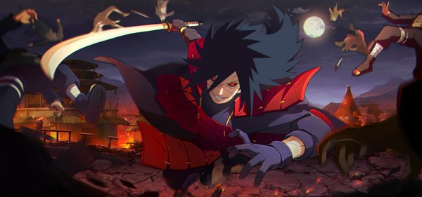 Anime picture 2363x1107 with naruto studio pierrot naruto (series) uchiha madara anvmadara long hair looking at viewer fringe highres black hair smile hair between eyes red eyes wide image holding outdoors night outstretched arm sharingan crazy smile