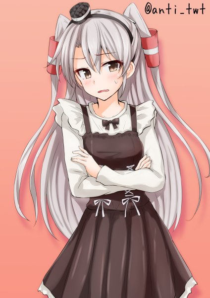 Anime picture 848x1200 with kantai collection amatsukaze destroyer anti (0324) single long hair tall image looking at viewer blush open mouth simple background standing brown eyes signed silver hair long sleeves short sleeves two side up crossed arms pink background girl