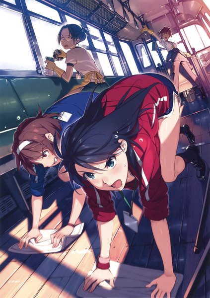 Anime picture 2329x3300 with original eshi 100-nin ten vania600 long hair tall image blush highres open mouth black hair brown hair multiple girls brown eyes green eyes looking away ponytail eyes closed scan train interior girl gloves