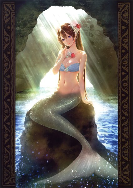 Anime picture 2342x3300 with original eshi 100-nin ten koizumi amane single long hair tall image looking at viewer highres breasts light erotic brown hair purple eyes tail sunlight scan arm support monster girl fish tail girl navel
