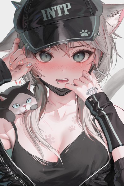 Anime picture 1835x2751 with original tokkihouse single long hair tall image looking at viewer fringe highres breasts open mouth light erotic hair between eyes animal ears cleavage upper body nail polish fingernails grey hair arms up teeth