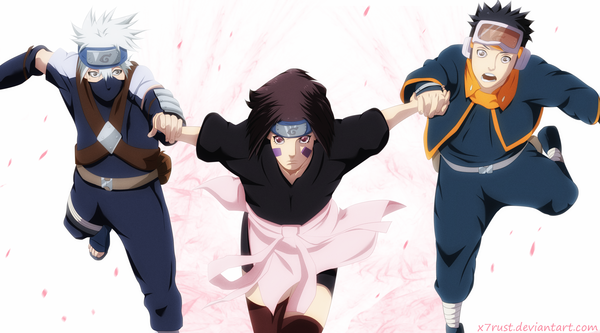 Anime picture 3360x1865 with naruto studio pierrot naruto (series) hatake kakashi uchiha obito nohara rin x7rust highres short hair open mouth black hair simple background brown hair wide image white background brown eyes white hair multiple boys coloring facial mark