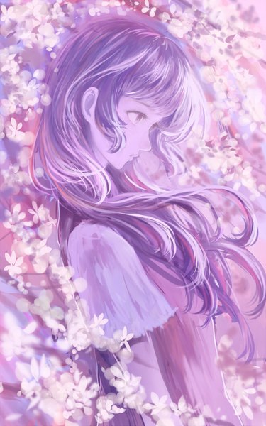 Anime picture 660x1056 with original bounin single long hair tall image fringe purple eyes looking away purple hair profile lips girl flower (flowers) plant (plants)