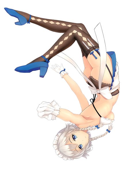 Anime picture 1052x1487 with touhou izayoi sakuya ti-tang single long hair tall image looking at viewer breasts blue eyes light erotic simple background white background bent knee (knees) ass white hair braid (braids) maid high heels twin braids spread arms