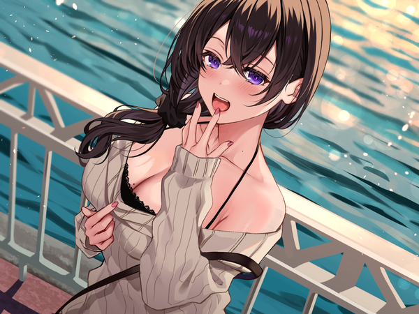 Anime picture 1600x1200 with original hizuki higure single long hair looking at viewer fringe breasts open mouth light erotic black hair hair between eyes large breasts standing purple eyes bare shoulders cleavage upper body outdoors long sleeves nail polish