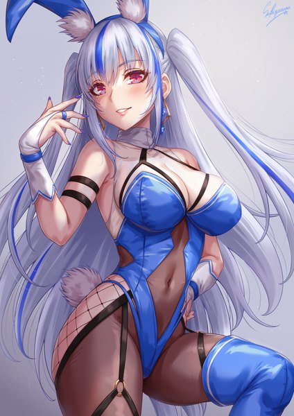 Anime picture 1000x1414 with original sakiyamama single long hair tall image looking at viewer blush fringe breasts light erotic simple background smile hair between eyes red eyes large breasts standing signed animal ears payot cleavage