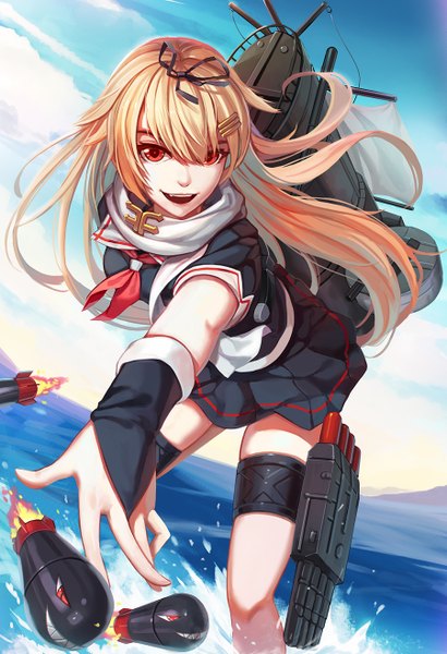 Anime picture 900x1318 with kantai collection yuudachi destroyer nian (zhanian) single long hair tall image looking at viewer open mouth blonde hair smile red eyes remodel (kantai collection) girl weapon sailor suit