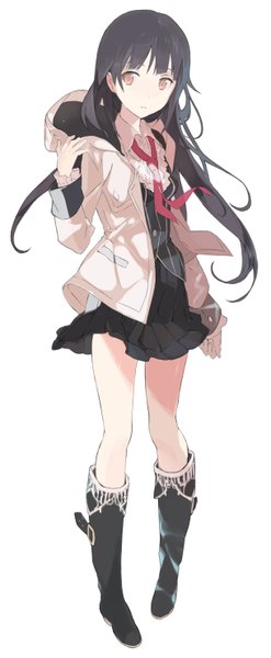 Anime picture 2440x5926 with original tanu (artists) single long hair tall image highres black hair simple background red eyes white background girl skirt miniskirt necktie jacket boots
