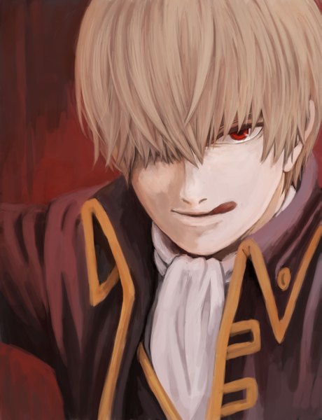 Anime picture 1917x2500 with gintama sunrise (studio) okita sougo single tall image looking at viewer fringe highres short hair red eyes brown hair hair over one eye :p boy tongue