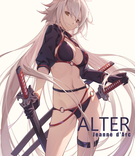 Anime picture 1215x1400 with fate (series) fate/grand order jeanne d'arc (fate) (all) jeanne d'arc alter (fate) jeanne d'arc alter (swimsuit berserker) (fate) nian (zhanian) single tall image looking at viewer fringe breasts light erotic simple background hair between eyes standing white background holding brown eyes cleavage silver hair