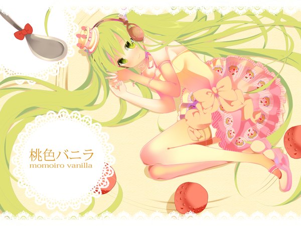 Anime picture 1600x1200 with vocaloid hatsune miku temari (deae) long hair smile twintails green eyes very long hair green hair girl thighhighs dress gloves bow food sweets headphones crown berry (berries) cake