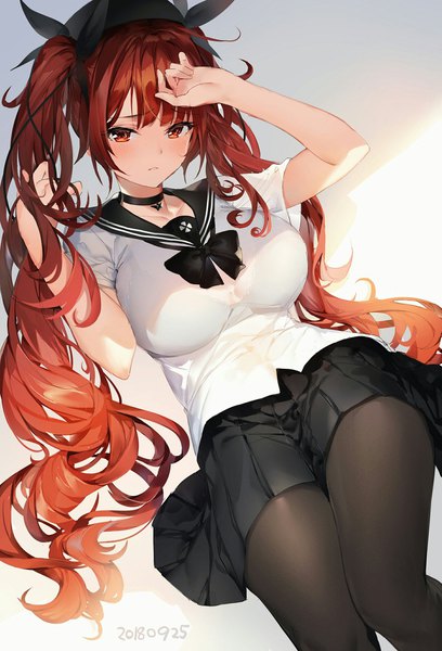 Anime picture 1393x2048 with azur lane honolulu (azur lane) honolulu (umbrella girl) (azur lane) umibouzu (niito) single long hair tall image looking at viewer blush fringe breasts light erotic simple background red eyes large breasts twintails payot red hair pleated skirt arm up