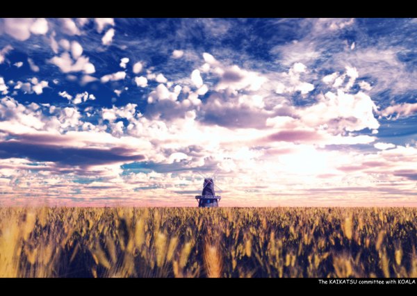 Anime picture 1440x1024 with original koala (pixiv) sky cloud (clouds) letterboxed landscape field windmill