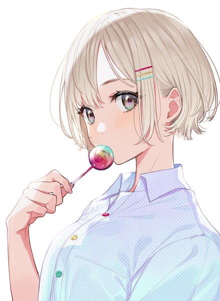 Anime picture 1097x1500 with original yuu (higashi no penguin) single tall image looking at viewer blush fringe short hair simple background blonde hair white background holding brown eyes upper body polka dot girl shirt food sweets bobby pin