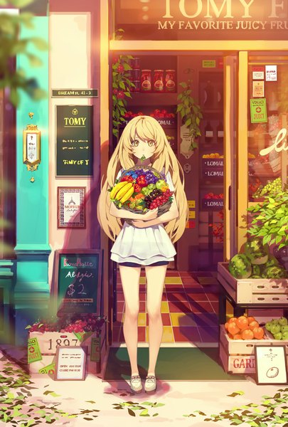 Anime picture 1200x1776 with original yohan12 single long hair tall image looking at viewer blonde hair holding yellow eyes inscription mouth hold girl dress food leaf (leaves) fruit berry (berries) apple basket grapes