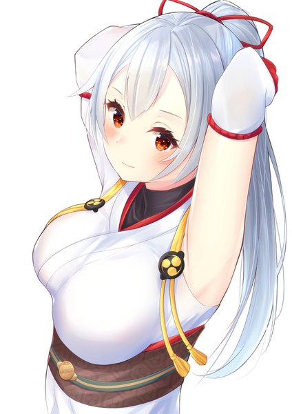 Anime picture 2480x3508 with fate (series) fate/grand order tomoe gozen (fate) narikashi single long hair tall image looking at viewer blush fringe highres breasts simple background hair between eyes red eyes large breasts white background payot silver hair upper body