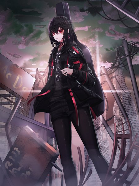 Anime picture 3000x4000 with original domi (hyaku8795) single tall image looking at viewer fringe highres short hair black hair hair between eyes red eyes standing sky cloud (clouds) outdoors open jacket destruction girl earrings pantyhose