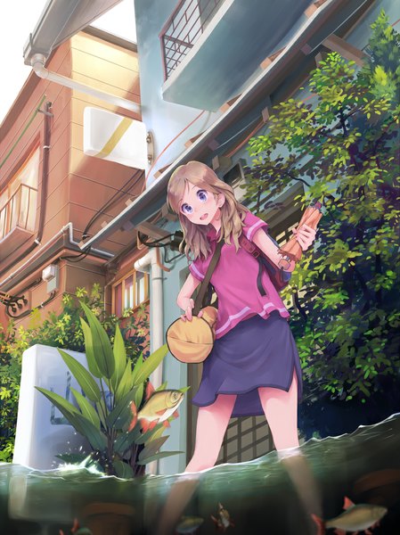 Anime picture 813x1086 with original efmoe single long hair tall image blush open mouth blonde hair purple eyes outdoors bare legs from below partially submerged looking down surprised street closed umbrella girl skirt plant (plants)