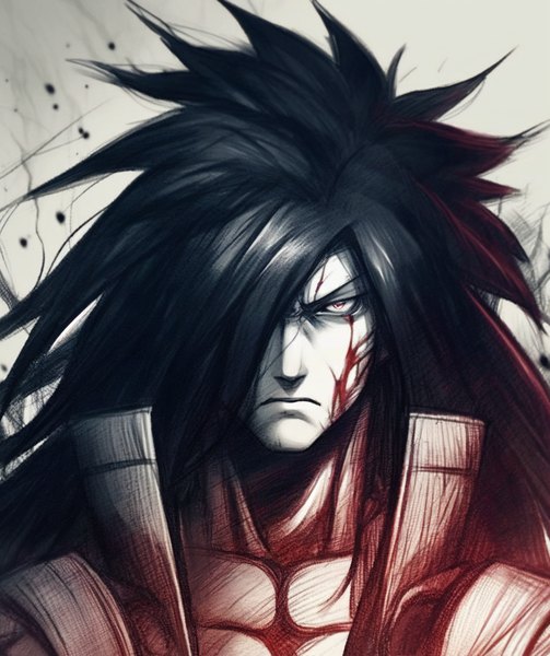 Anime picture 1019x1215 with naruto studio pierrot naruto (series) uchiha madara madasamaaa single long hair tall image looking at viewer fringe black hair red eyes hair over one eye angry blood on face sketch injury >:( boy blood