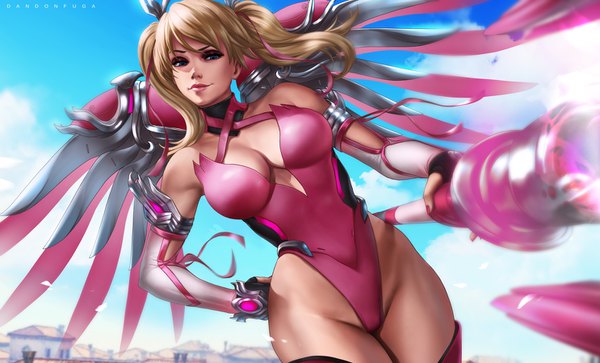 Anime picture 1486x900 with overwatch blizzard entertainment mercy (overwatch) pink mercy dandon fuga single long hair fringe breasts blue eyes light erotic blonde hair hair between eyes wide image twintails bare shoulders holding sky cleavage cloud (clouds)