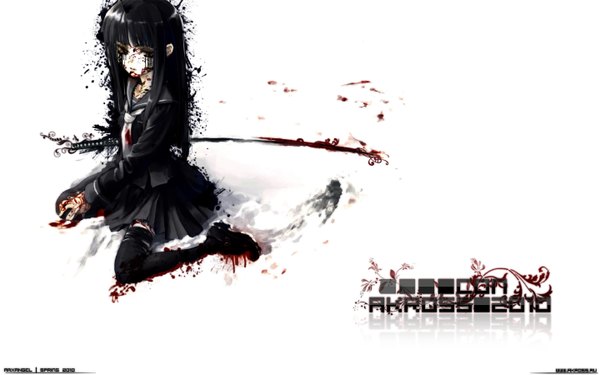 Anime picture 1440x900 with konoe ototsugu single long hair black hair wide image sitting wariza third-party edit girl thighhighs sword serafuku blood