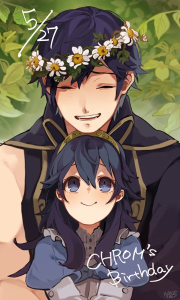 Anime picture 600x1000 with fire emblem fire emblem awakening nintendo lucina (fire emblem) chrom (fire emblem) doku gin1126 long hair tall image short hair blue eyes smile blue hair eyes closed dated looking up happy birthday girl boy plant (plants) headband