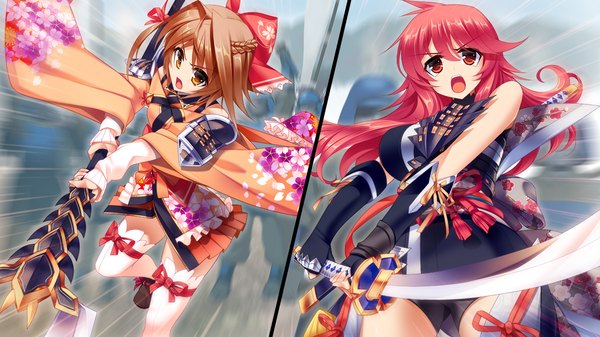 Anime picture 1280x720 with sengoku hime 4 long hair short hair open mouth red eyes brown hair wide image multiple girls brown eyes game cg red hair traditional clothes multiview girl thighhighs weapon 2 girls white thighhighs sword katana