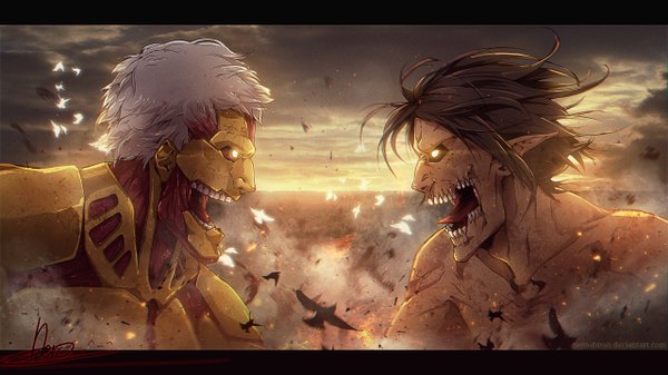 Anime picture 1280x720 with shingeki no kyojin production i.g eren yaeger reiner braun rogue titan armored titan jurikoi fringe short hair open mouth black hair wide image signed sky silver hair cloud (clouds) pointy ears inscription glowing smoke