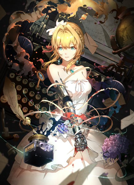 Anime-Bild 1886x2600 mit violet evergarden kyoto animation violet evergarden (character) luomo single tall image looking at viewer fringe highres short hair blonde hair smile hair between eyes bare shoulders aqua eyes light smile alternate costume mechanical arms girl dress