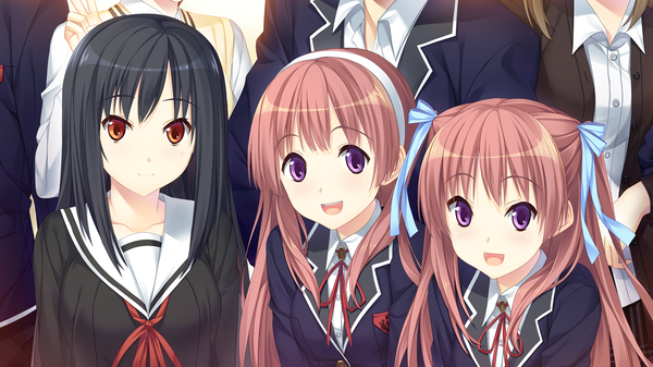 Anime picture 1280x720 with houkago no futekikakusha suenaga haruka (houkago no futekikakusha) maizuru asagao long hair blush open mouth black hair smile red eyes wide image purple eyes multiple girls pink hair game cg girl uniform ribbon (ribbons) hair ribbon school uniform hairband