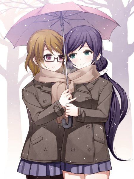 Anime picture 750x1000 with love live! school idol project sunrise (studio) love live! toujou nozomi koizumi hanayo torigoe takumi long hair tall image short hair blue eyes smile brown hair purple eyes multiple girls purple hair snowing winter shared scarf shared umbrella girl