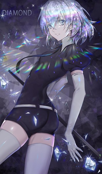 Anime picture 904x1534 with houseki no kuni diamond (houseki no kuni) samu (a117216) single tall image looking at viewer fringe short hair hair between eyes silver hair ass looking back sparkle zettai ryouiki puffy sleeves character names silver eyes girl thighhighs gloves