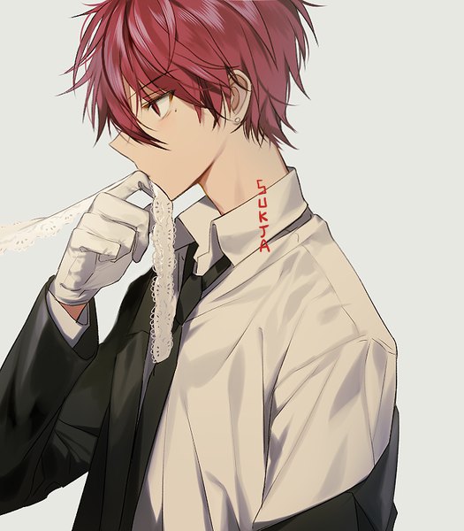 Anime picture 700x800 with americano exodus americano beans sorolp single tall image short hair simple background red eyes white background signed upper body red hair profile mole mole under eye looking down boy gloves earrings necktie