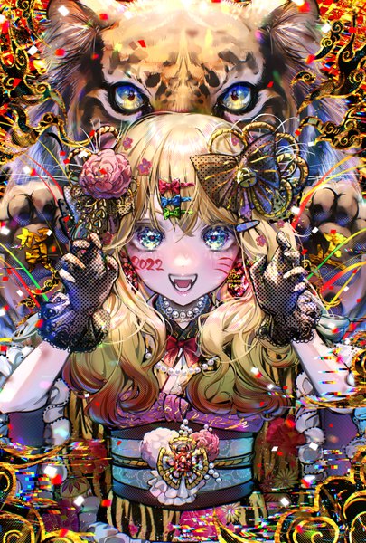 Anime picture 2362x3496 with original onenechan single long hair tall image looking at viewer fringe highres open mouth blue eyes blonde hair hair between eyes upper body :d new year claw pose 2022 girl gloves hair ornament