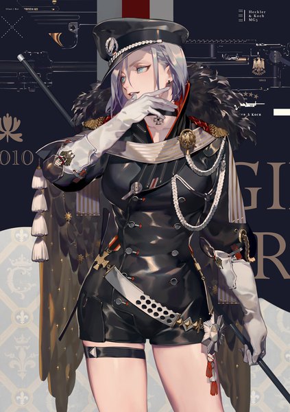 Anime picture 700x992 with girls frontline mg5 (girls frontline) coralstone single tall image short hair blue eyes standing looking away silver hair finger in mouth girl gloves weapon earrings white gloves gun thigh strap cape peaked cap