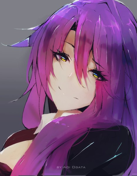 Anime picture 2800x3600 with original aoi ogata single long hair tall image looking at viewer fringe highres simple background smile hair between eyes green eyes purple hair head tilt grey background girl