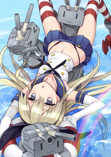 Anime picture 1024x1448 with kantai collection shimakaze destroyer rensouhou-chan ninomoto long hair tall image open mouth blue eyes light erotic blonde hair midriff girl thighhighs gloves navel miniskirt elbow gloves striped thighhighs sailor suit