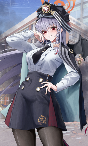 Anime-Bild 2600x4300 mit blue archive haruna (blue archive) bocchi (kuropom7) single long hair tall image looking at viewer fringe highres smile hair between eyes red eyes silver hair outdoors hand on hip grin single wing girl skirt shirt