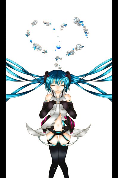 Anime picture 1672x2524 with vocaloid vocaloid append hatsune miku hatsune miku (append) sorakase sawa (artist) single tall image simple background white background twintails bare shoulders blue hair eyes closed very long hair girl thighhighs gloves navel flower (flowers) black thighhighs