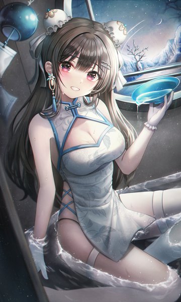 Anime picture 2806x4671 with original onee928 single long hair tall image looking at viewer fringe highres breasts light erotic black hair smile large breasts sitting bare shoulders holding cleavage blunt bangs traditional clothes head tilt
