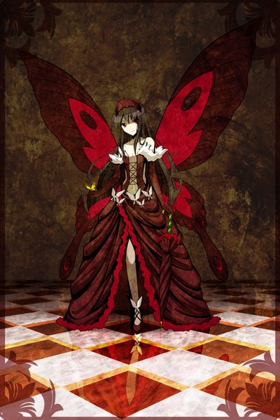 Anime picture 2362x3543 with accel world sunrise (studio) kuroyukihime pursechan single long hair tall image highres black hair red eyes checkered floor insect wings butterfly wings girl dress gloves elbow gloves headdress insect butterfly