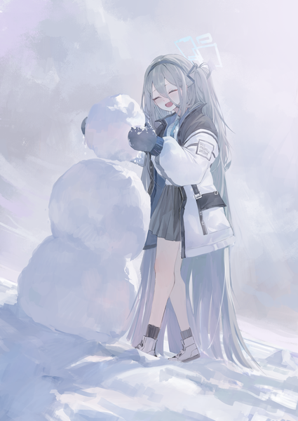 Anime picture 2150x3035 with blue archive aris (blue archive) dainillust single tall image blush fringe highres black hair smile hair between eyes standing cloud (clouds) full body outdoors eyes closed long sleeves very long hair pleated skirt open jacket
