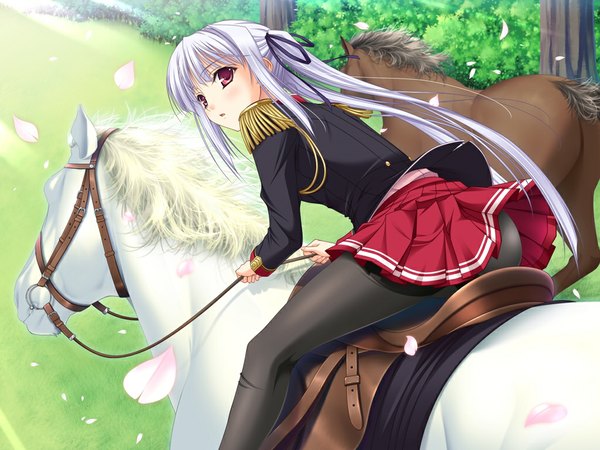 Anime picture 1024x768 with walkure romanze lisa eostre komori kei long hair light erotic red eyes twintails game cg white hair riding girl animal horse