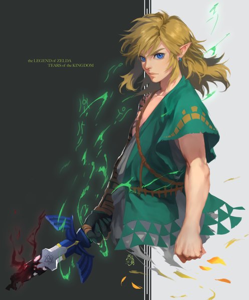 Anime picture 1819x2194 with the legend of zelda the legend of zelda: tears of the kingdom nintendo link shiyuu (shiyu) single long hair tall image highres blue eyes blonde hair looking away upper body pointy ears copyright name aura boy weapon sword