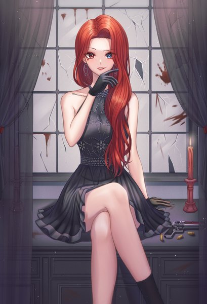 Anime picture 2388x3500 with original bobmond single long hair tall image looking at viewer highres blue eyes red eyes sitting bare shoulders red hair indoors parted lips sleeveless lipstick heterochromia crossed legs symbol-shaped pupils red lipstick