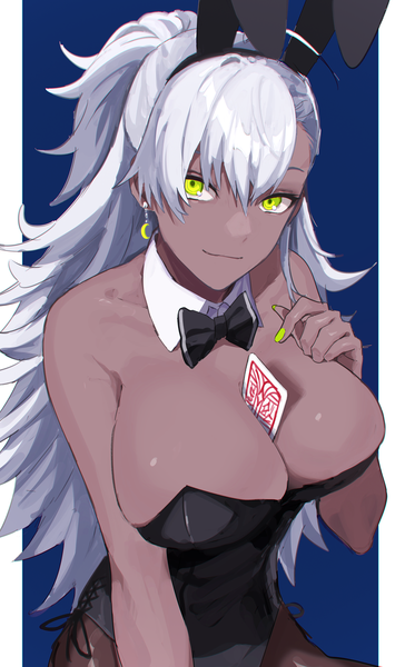 Anime picture 1315x2169 with original wakahiko single long hair tall image looking at viewer fringe breasts light erotic simple background smile hair between eyes large breasts green eyes animal ears cleavage silver hair ahoge ponytail nail polish