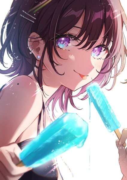 Anime picture 905x1280 with original piroshiki123 single tall image looking at viewer fringe short hair simple background hair between eyes white background purple eyes purple hair upper body piercing ear piercing :p girl food sweets tongue