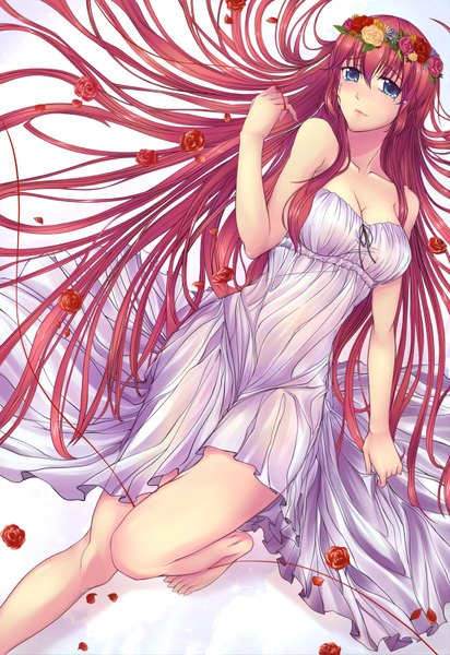 Anime picture 1218x1771 with vocaloid megurine luka single long hair tall image looking at viewer blush fringe breasts light erotic bare shoulders lying lips alternate costume tears crying knees touching girl hair ornament flower (flowers)