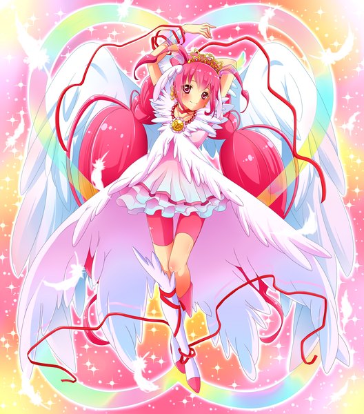 Anime picture 1606x1825 with precure smile precure! toei animation hoshizora miyuki cure happy kuune rin single long hair tall image blush twintails purple eyes pink hair girl dress ribbon (ribbons) wings boots feather (feathers) tiara